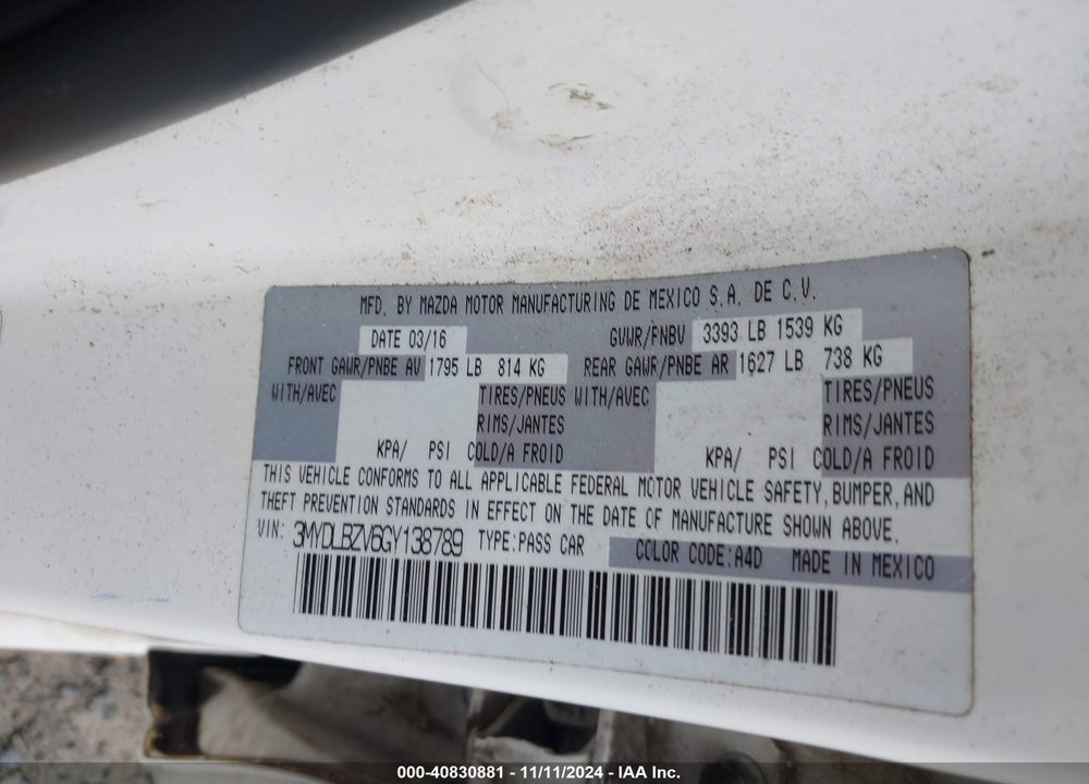 2016 SCION IA VIN: 3MYDLBZV6GY138789