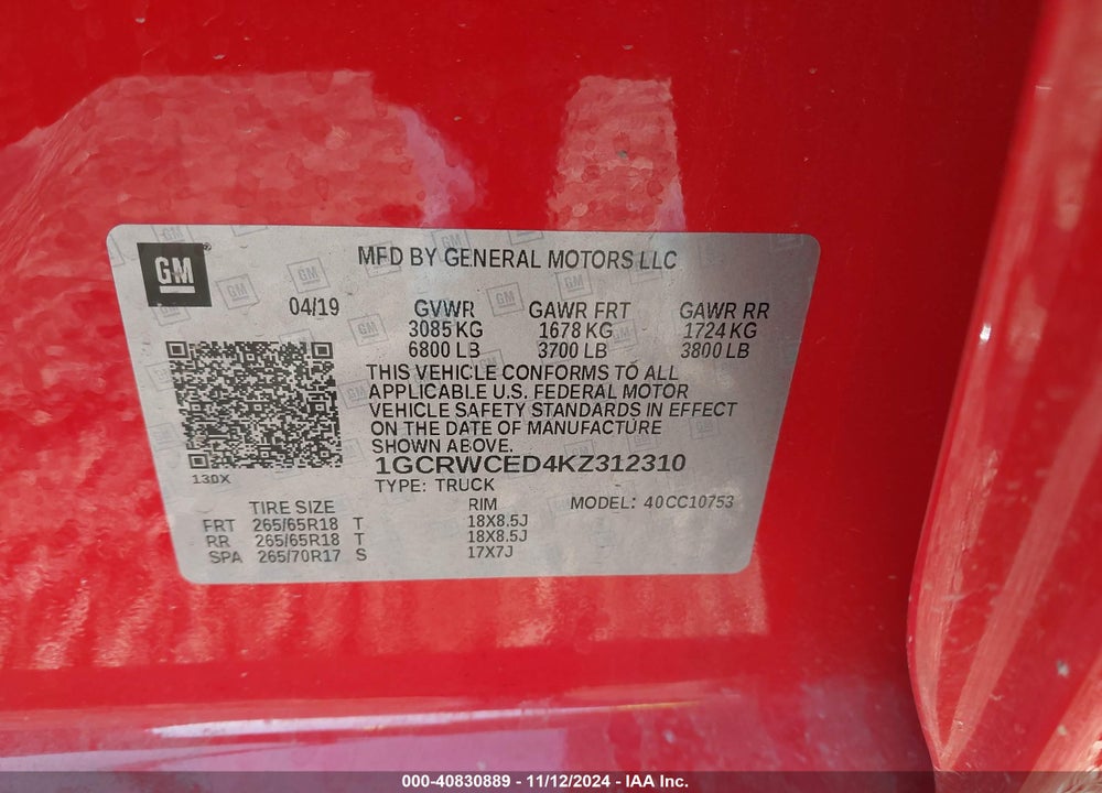 2019 CHEVROLET SILVERADO 1500 VIN: 1GCRWCED4KZ312310