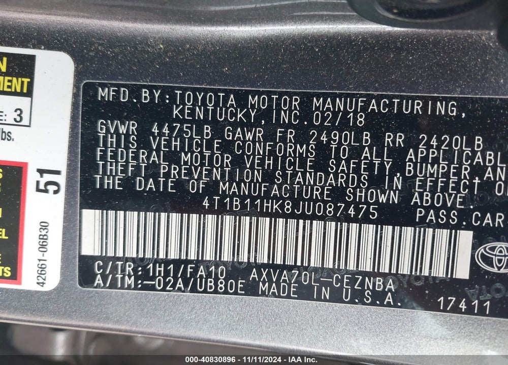 2018 TOYOTA CAMRY LE VIN: 4T1B11HK8JU087475