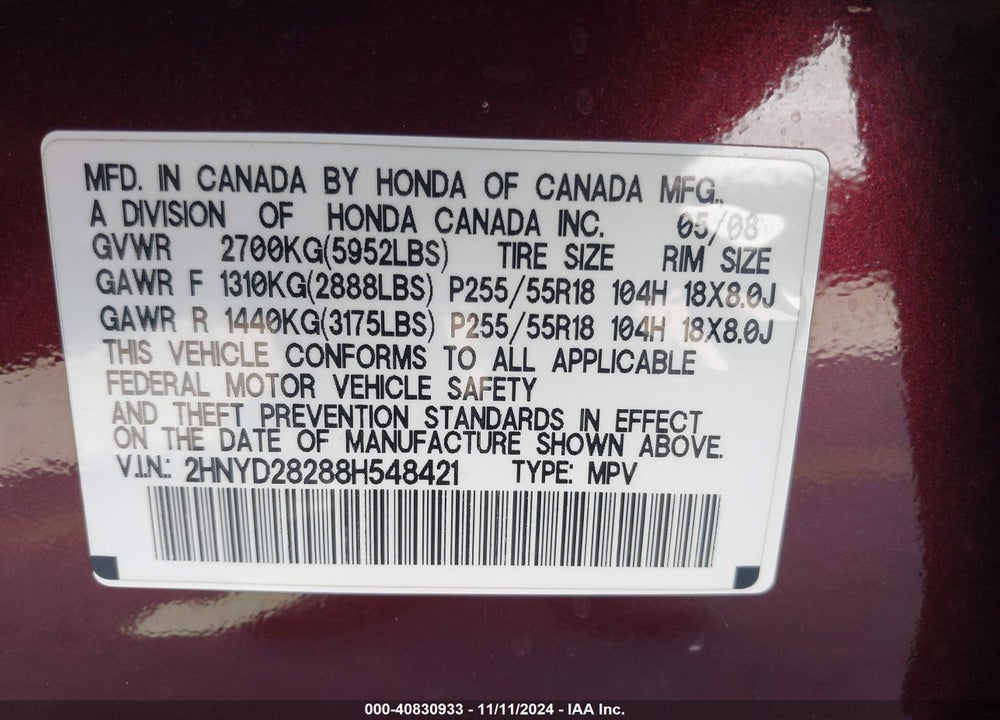 2008 ACURA MDX VIN: 2HNYD28288H548421
