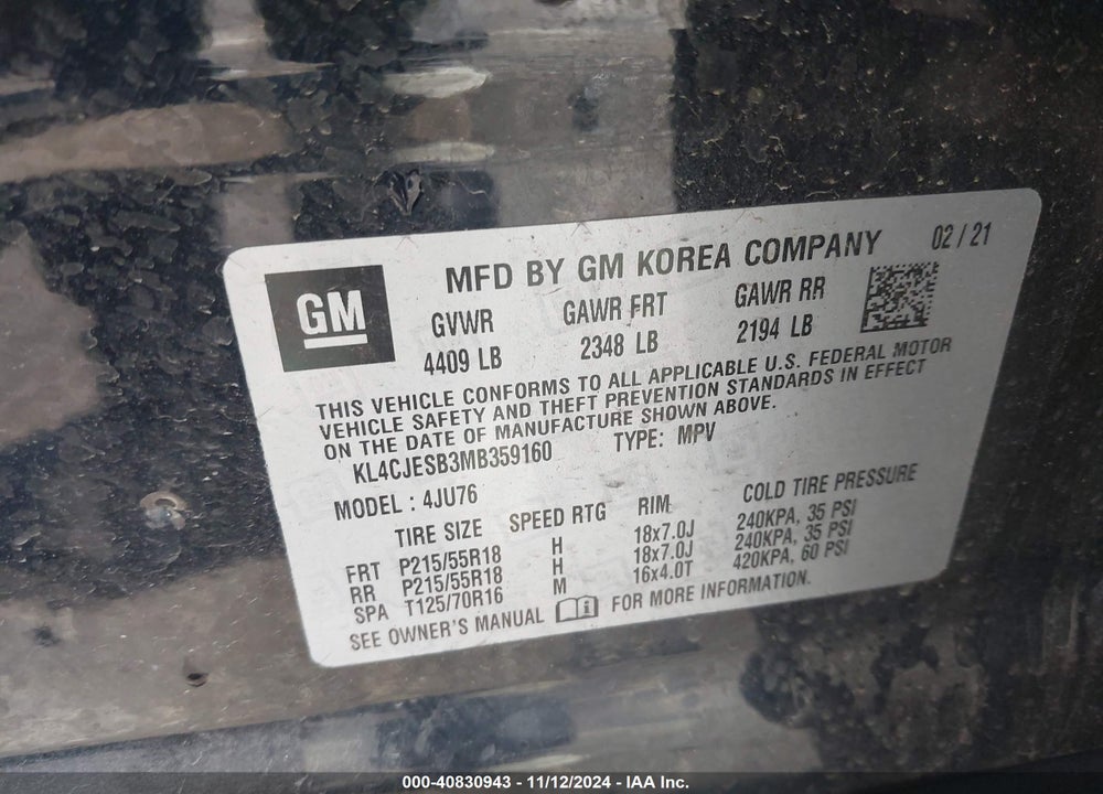 2021 BUICK ENCORE AWD PREFERRED VIN: KL4CJESB3MB359160