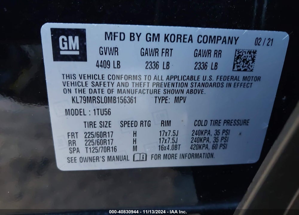 2021 CHEVROLET TRAILBLAZER AWD LT VIN: KL79MRSL0MB156361
