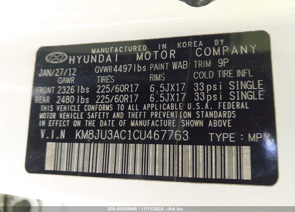 2012 HYUNDAI TUCSON GLS VIN: KM8JU3AC1CU467763