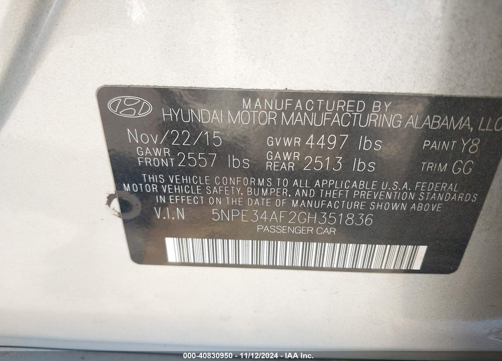 2016 HYUNDAI SONATA LIMITED VIN: 5NPE34AF2GH351836