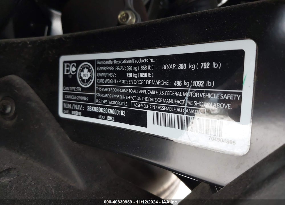 2019 CAN-AM SPYDER ROADSTER RT/RT LIMITED VIN: 2BXNBDD20KV000163