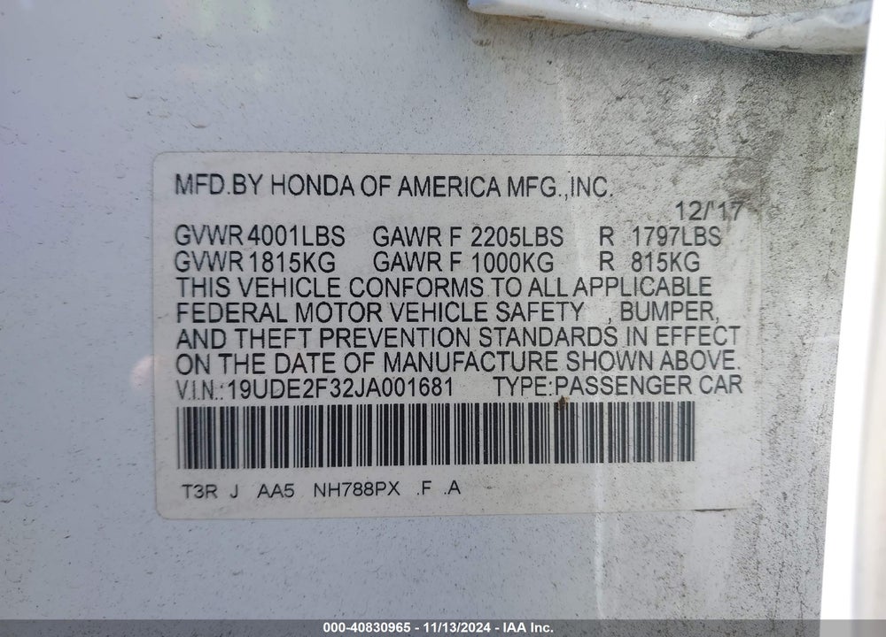 2018 ACURA ILX VIN: 19UDE2F32JA001681