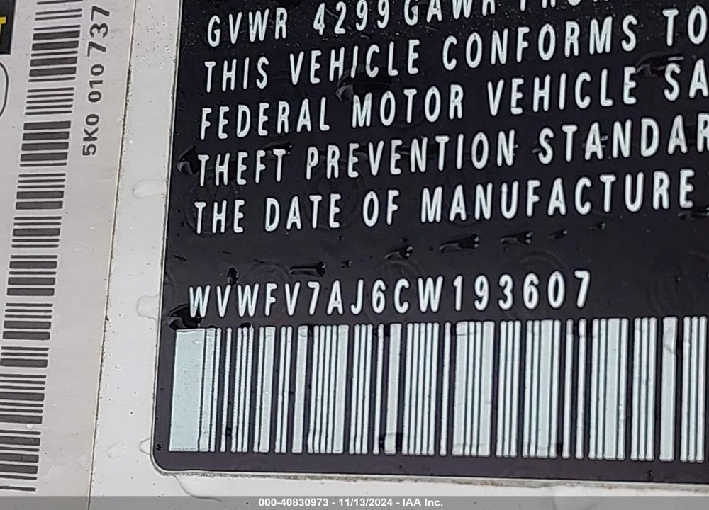 2012 VOLKSWAGEN GTI 2-DOOR VIN: WVWFV7AJ6CW193607
