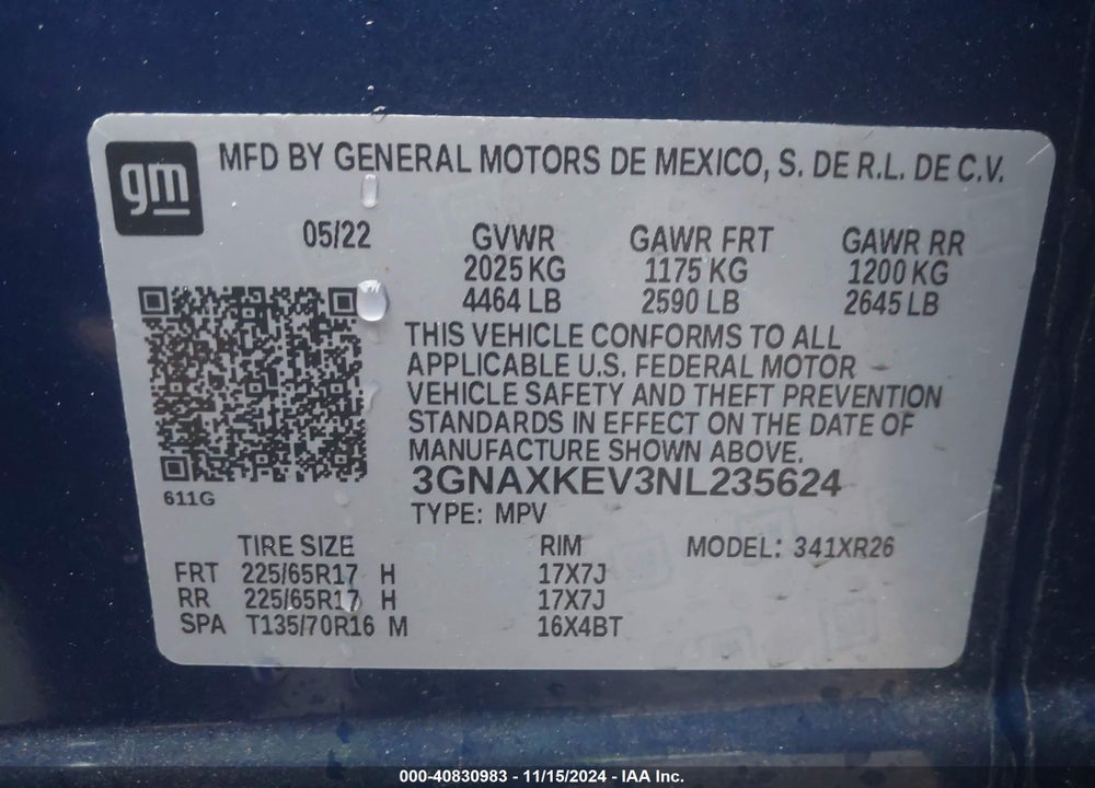 2022 CHEVROLET EQUINOX FWD LT VIN: 3GNAXKEV3NL235624