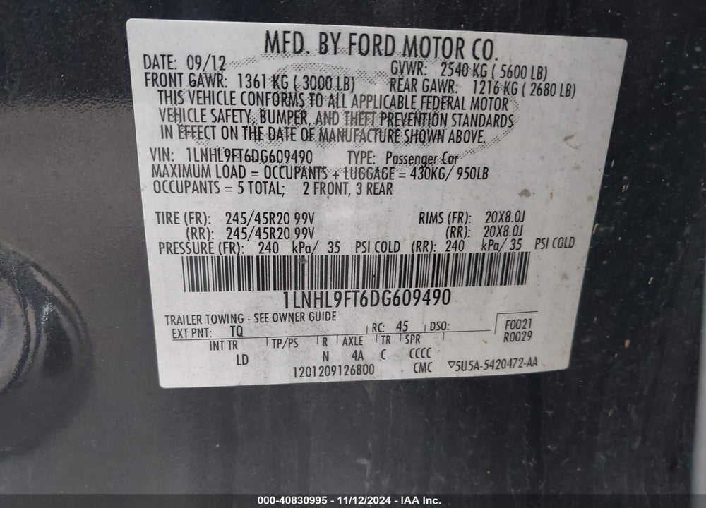 2013 LINCOLN MKS VIN: 1LNHL9FT6DG609490