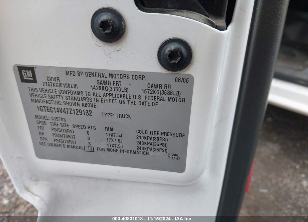 2007 GMC SIERRA 1500 CLASSIC WORK VIN: 1GTEC14V47Z129132