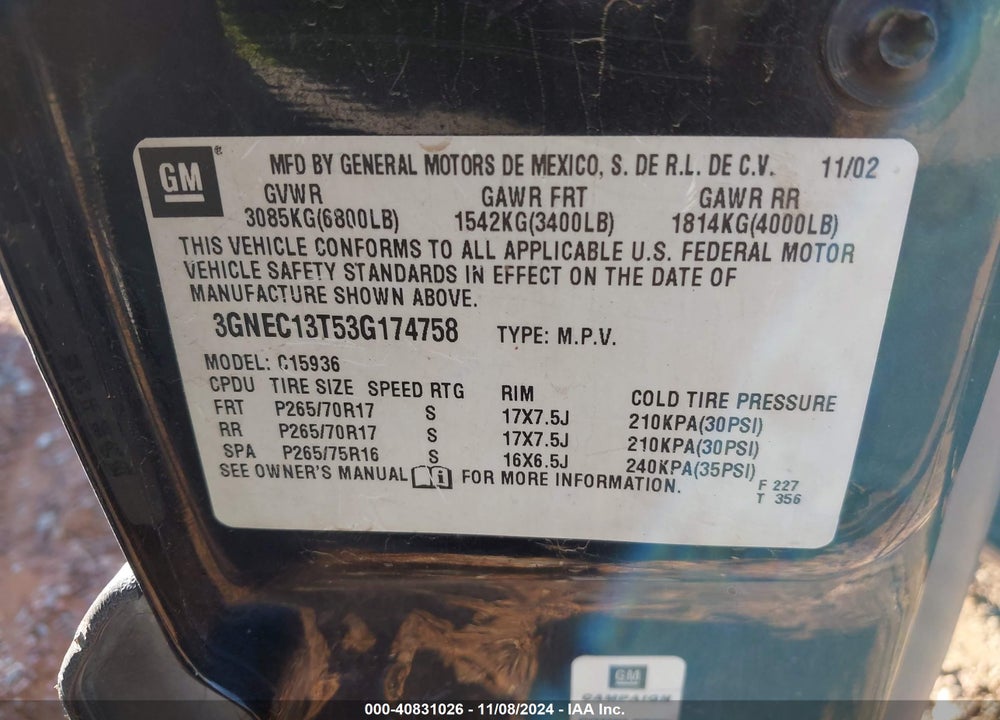 2003 CHEVROLET AVALANCHE 1500 VIN: 3GNEC13T53G174758