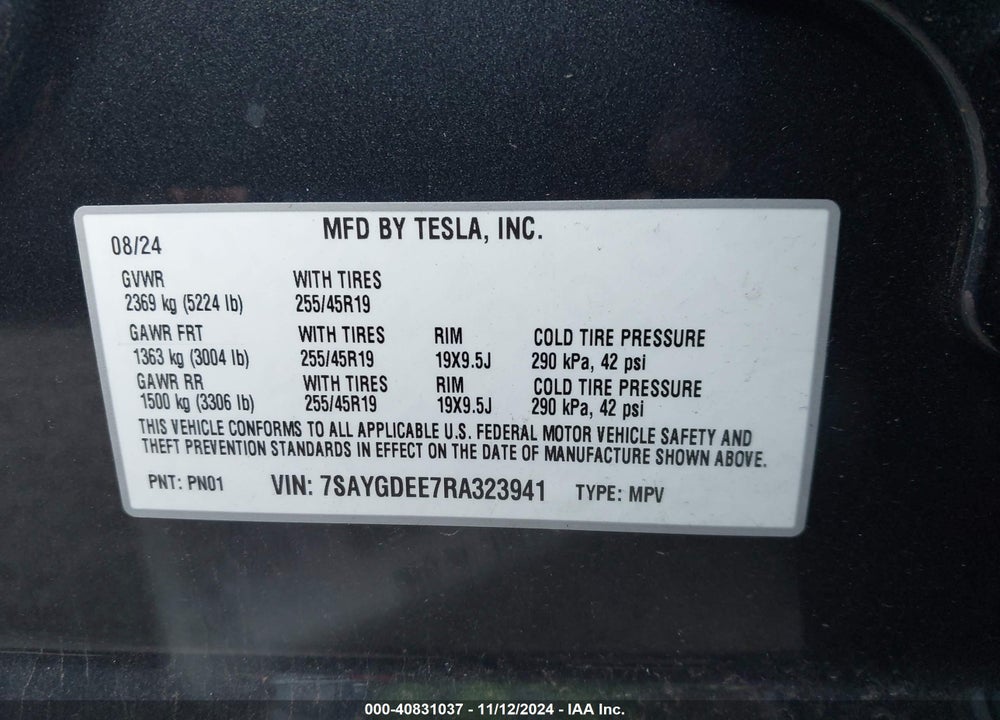 2024 TESLA MODEL Y LONG RANGE DUAL MOTOR ALL-WHEEL DRIVE VIN: 7SAYGDEE7RA323941
