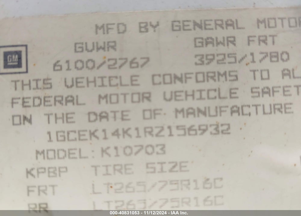 1994 CHEVROLET GMT-400 K1500 VIN: 1GCEK14K1RZ156932