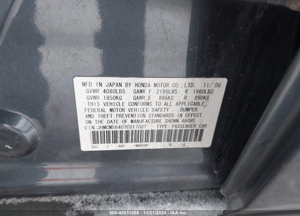 2007 HONDA ACCORD 2.4 LX VIN: JHMCM56407C017087