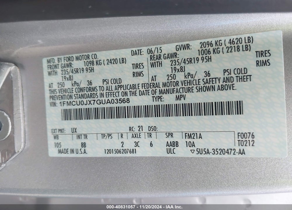 2016 FORD ESCAPE TITANIUM VIN: 1FMCU0JX7GUA03568
