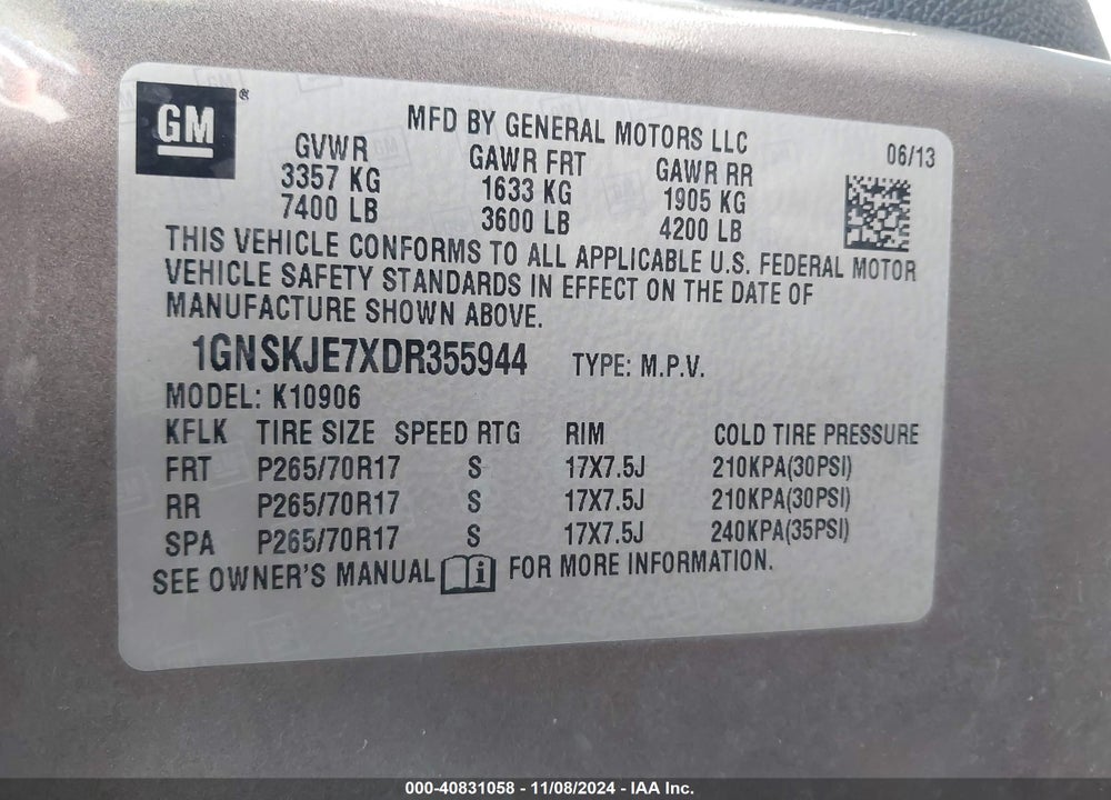 2013 CHEVROLET SUBURBAN 1500 LT VIN: 1GNSKJE7XDR355944
