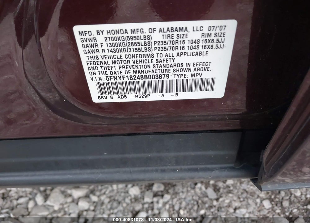2008 HONDA PILOT VP VIN: 5FNYF18248B003879