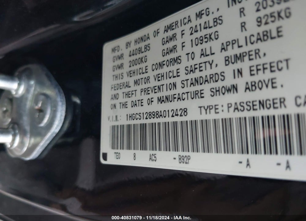 2008 HONDA ACCORD VIN: 1HGCS12898A012428