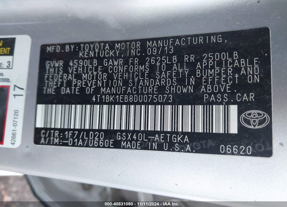 2013 TOYOTA AVALON XLE VIN: 4T1BK1EB8DU075073