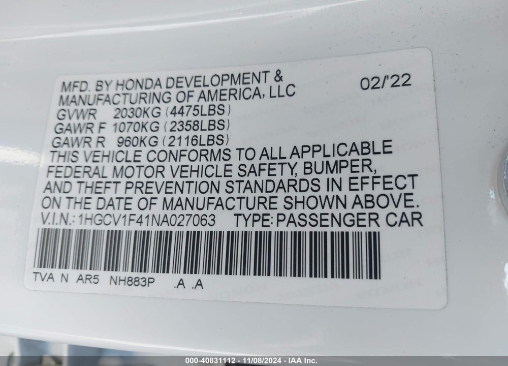 2022 HONDA ACCORD SPORT SPECIAL EDITION VIN: 1HGCV1F41NA027063