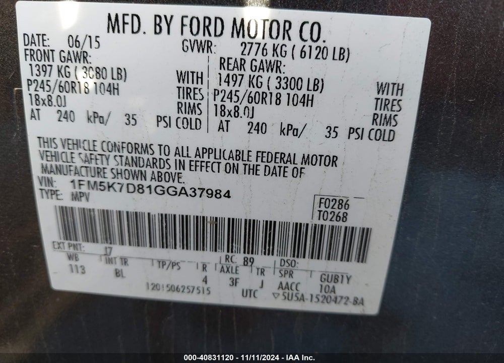 2016 FORD EXPLORER XLT VIN: 1FM5K7D81GGA37984