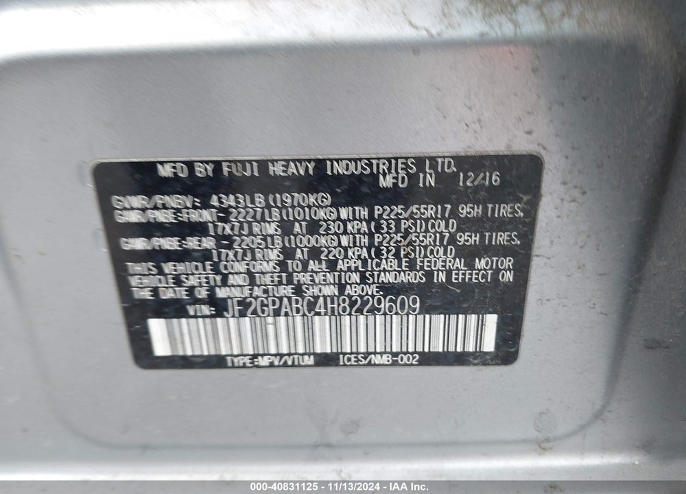 2017 SUBARU CROSSTREK 2.0I PREMIUM VIN: JF2GPABC4H8229609