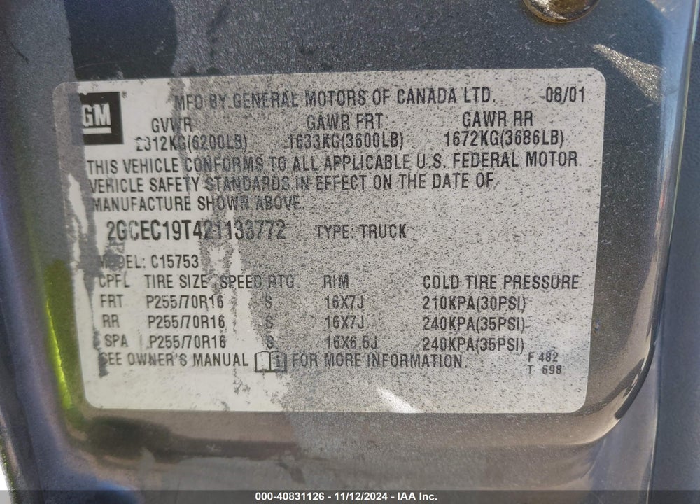 2002 CHEVROLET SILVERADO 1500 LS VIN: 2GCEC19T421133772