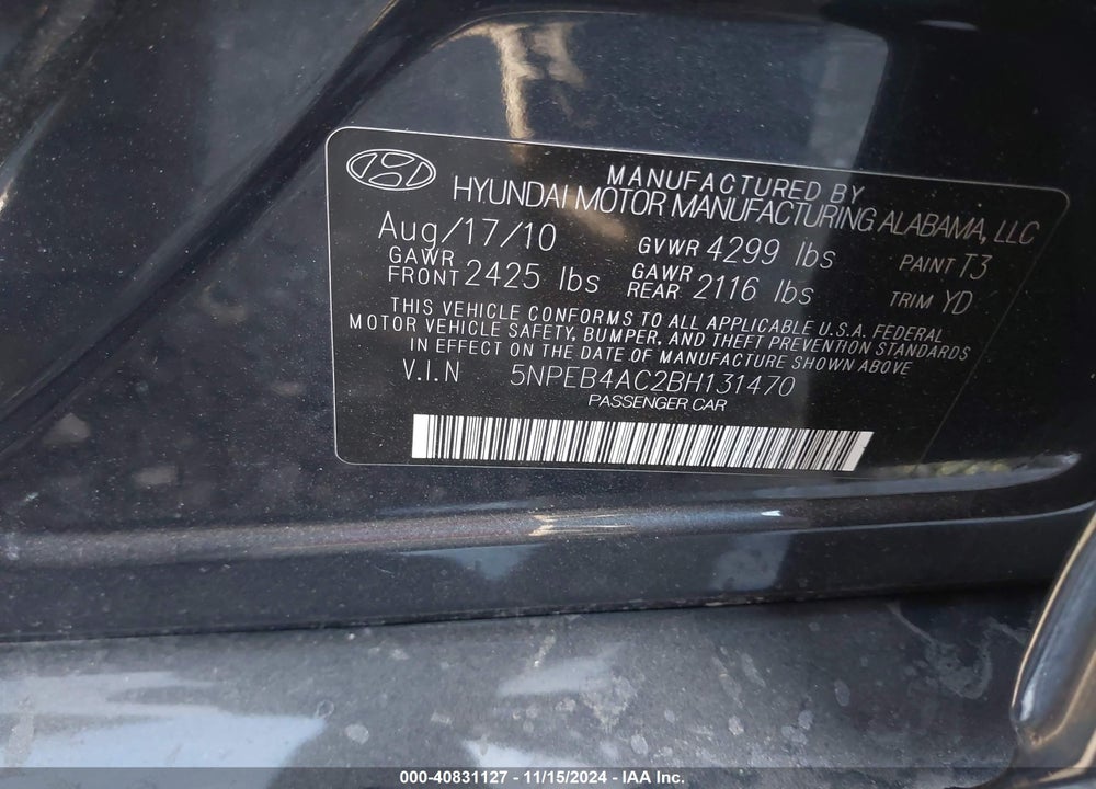 2011 HYUNDAI SONATA GLS VIN: 5NPEB4AC2BH131470