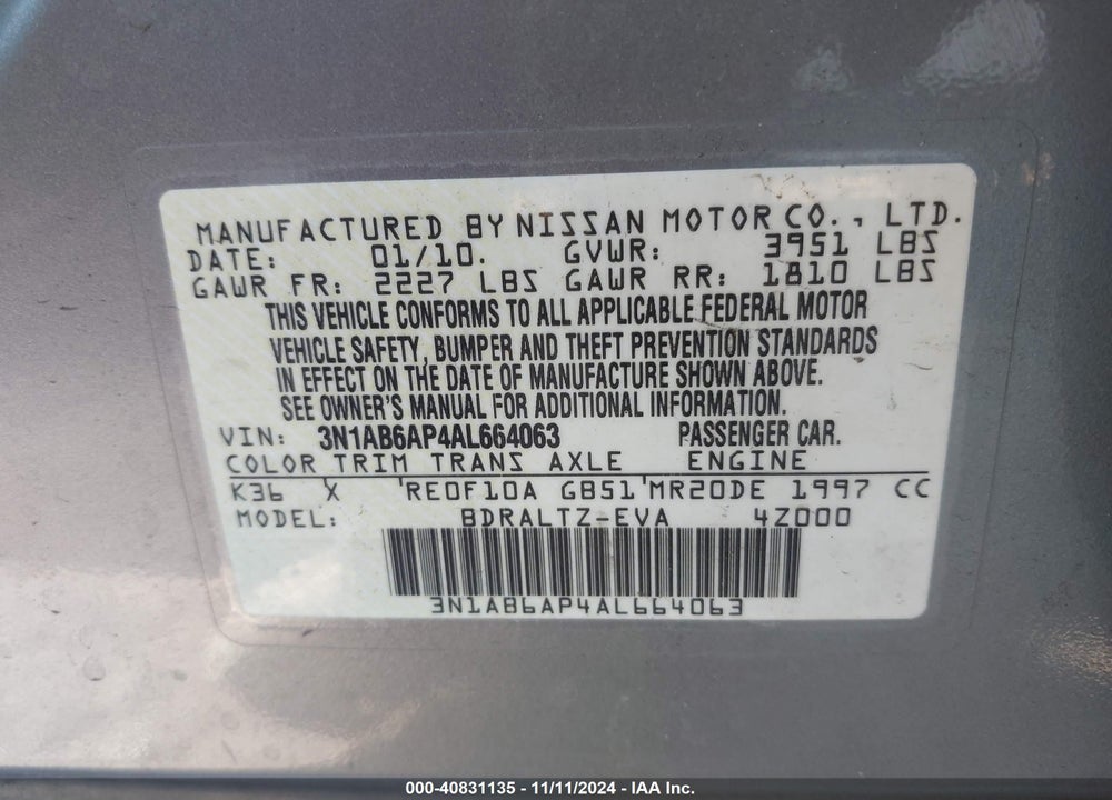 2010 NISSAN SENTRA 2.0S VIN: 3N1AB6AP4AL664063