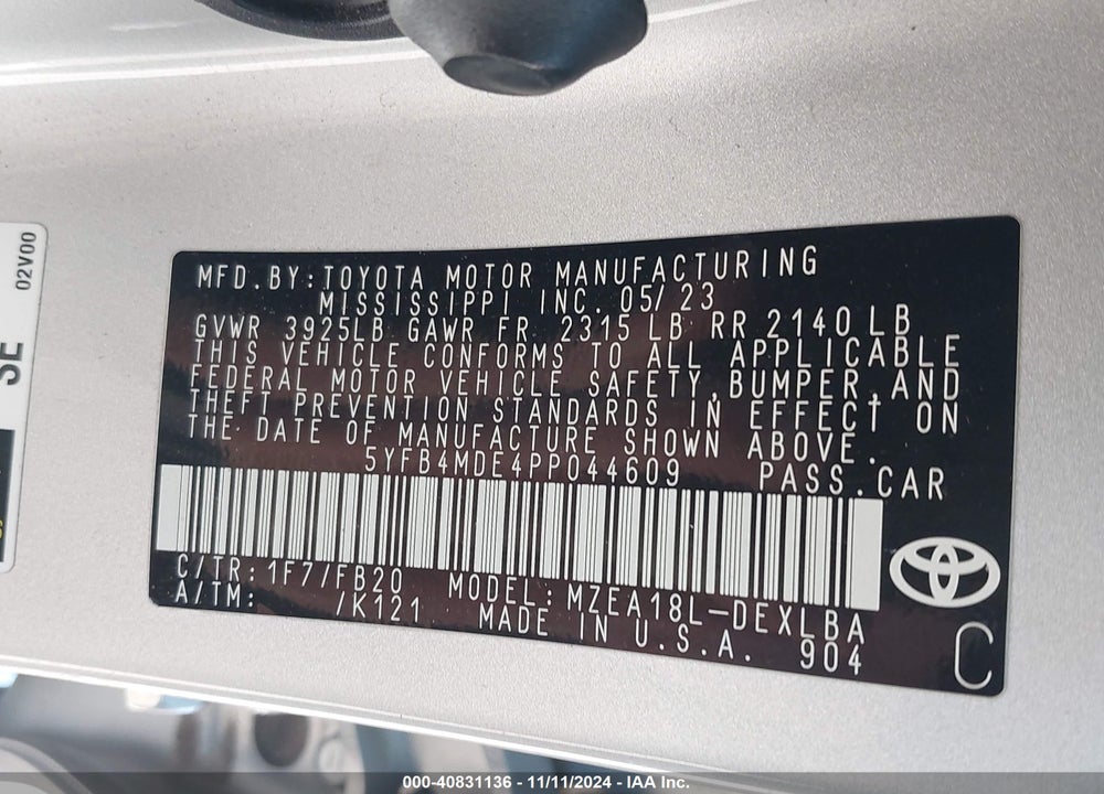 2023 TOYOTA COROLLA LE VIN: 5YFB4MDE4PP044609