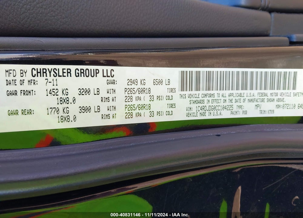 2012 DODGE DURANGO CREW VIN: 1C4RDJDG0CC104225