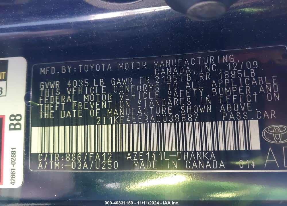2010 TOYOTA MATRIX S VIN: 2T1KE4EE9AC038887