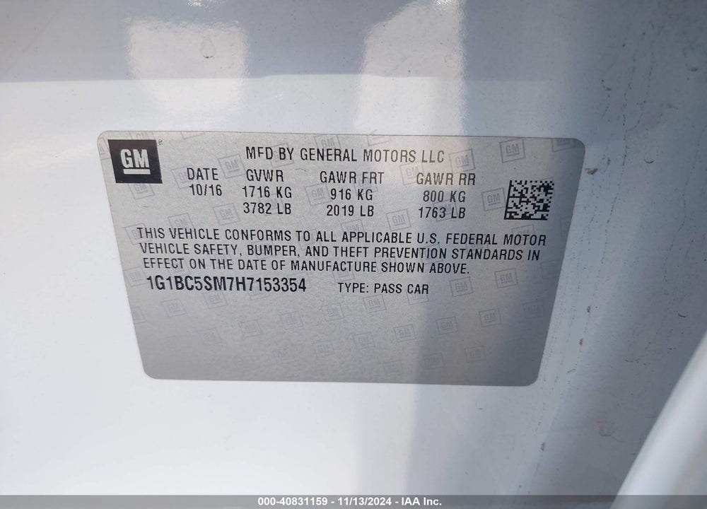2017 CHEVROLET CRUZE LS AUTO VIN: 1G1BC5SM7H7153354