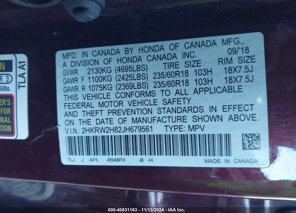 2018 HONDA CR-V EX-L/EX-L NAVI VIN: 2HKRW2H82JH679561