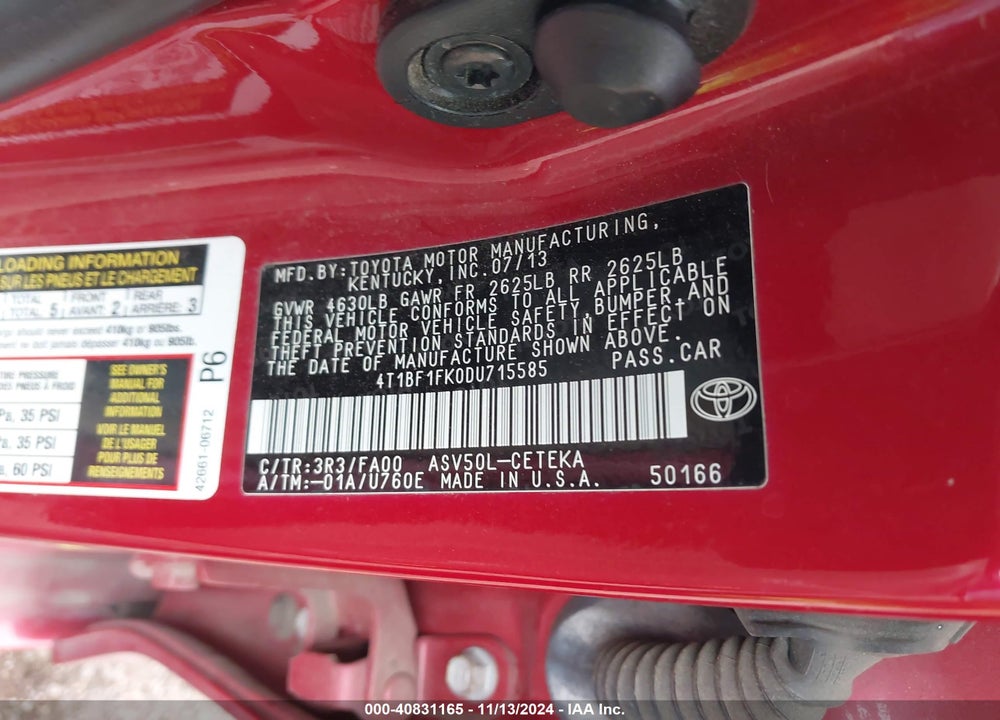 2013 TOYOTA CAMRY L VIN: 4T1BF1FK0DU715585