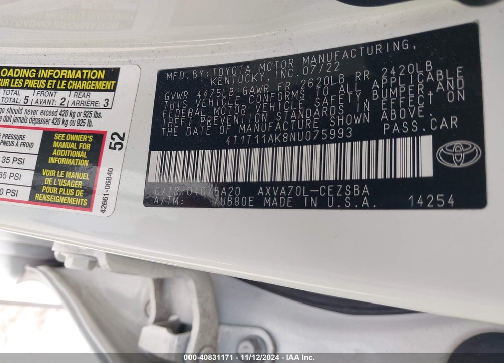 2022 TOYOTA CAMRY VIN: 4T1T11AK8NU075993