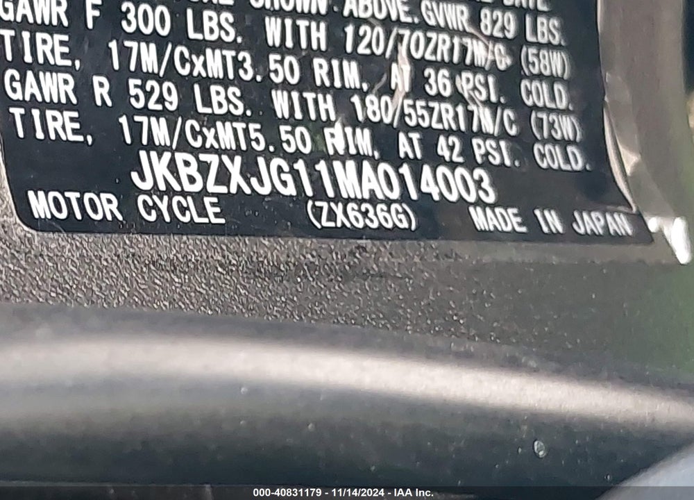 2021 KAWASAKI ZX636 K VIN: JKBZXJG11MA014003