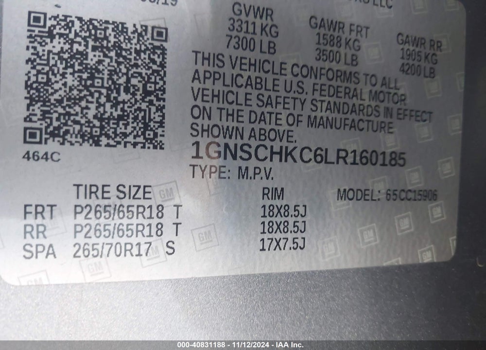 2020 CHEVROLET SUBURBAN 2WD LT VIN: 1GNSCHKC6LR160185