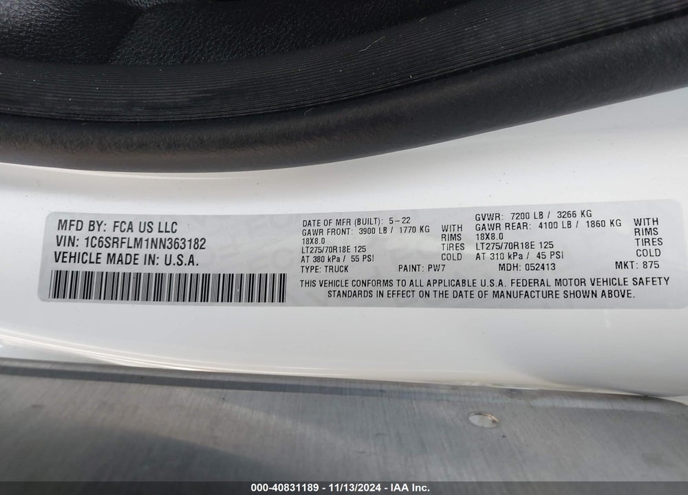 2022 RAM 1500 REBEL 4X4 5'7 BOX VIN: 1C6SRFLM1NN363182