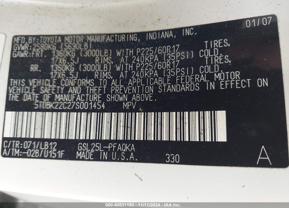 2007 TOYOTA SIENNA XLE LIMITED VIN: 5TDBK22C27S001454