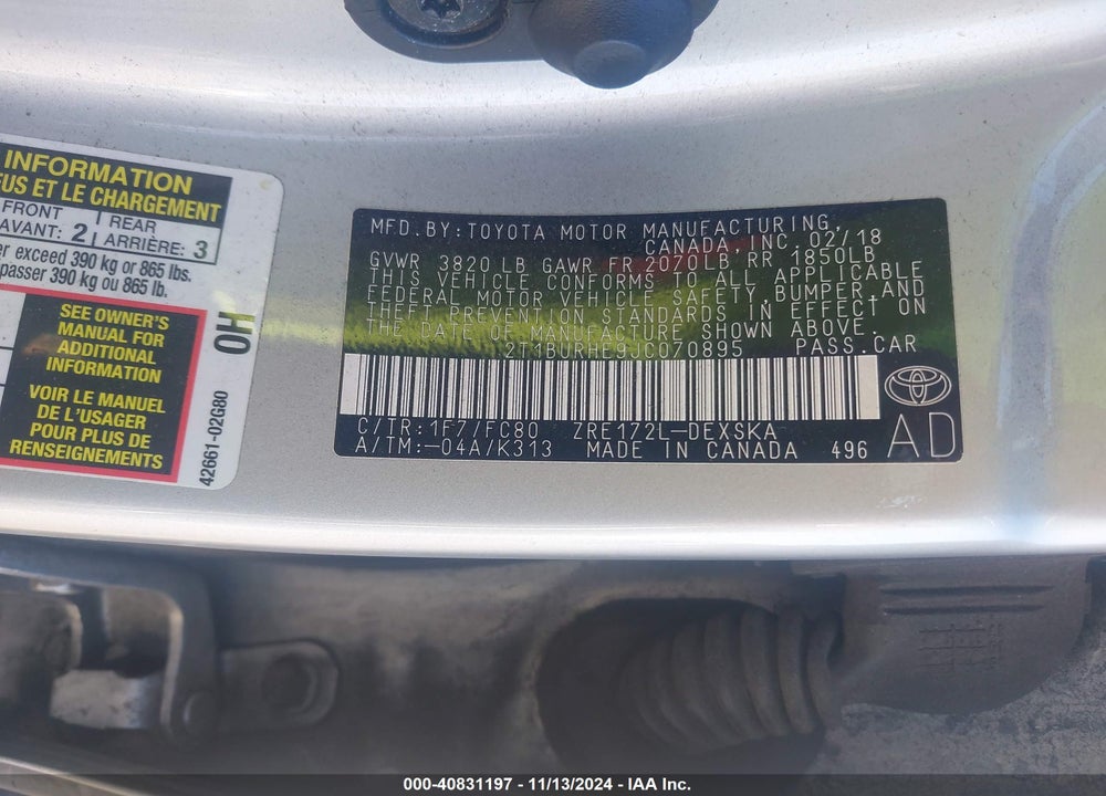 2018 TOYOTA COROLLA SE VIN: 2T1BURHE9JC070895