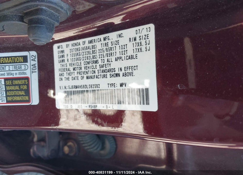 2013 HONDA CR-V EX VIN: 5J6RM4H56DL082592