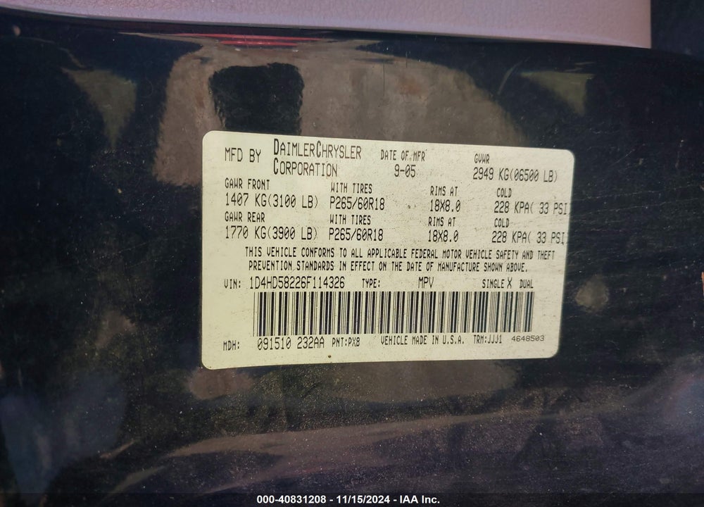 2006 DODGE DURANGO LIMITED VIN: 1D4HD58226F114326