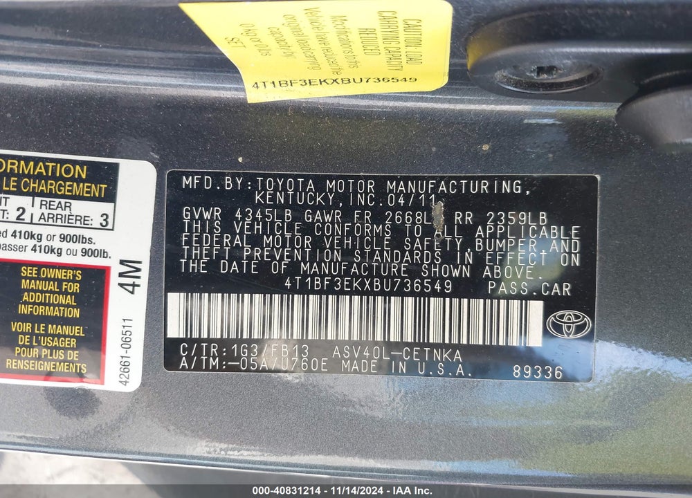 2011 TOYOTA CAMRY LE VIN: 4T1BF3EKXBU736549