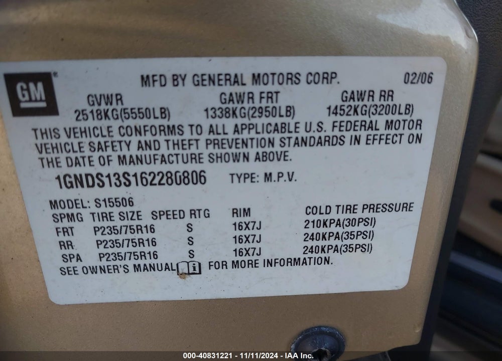 2006 CHEVROLET TRAILBLAZER LS VIN: 1GNDS13S162280806