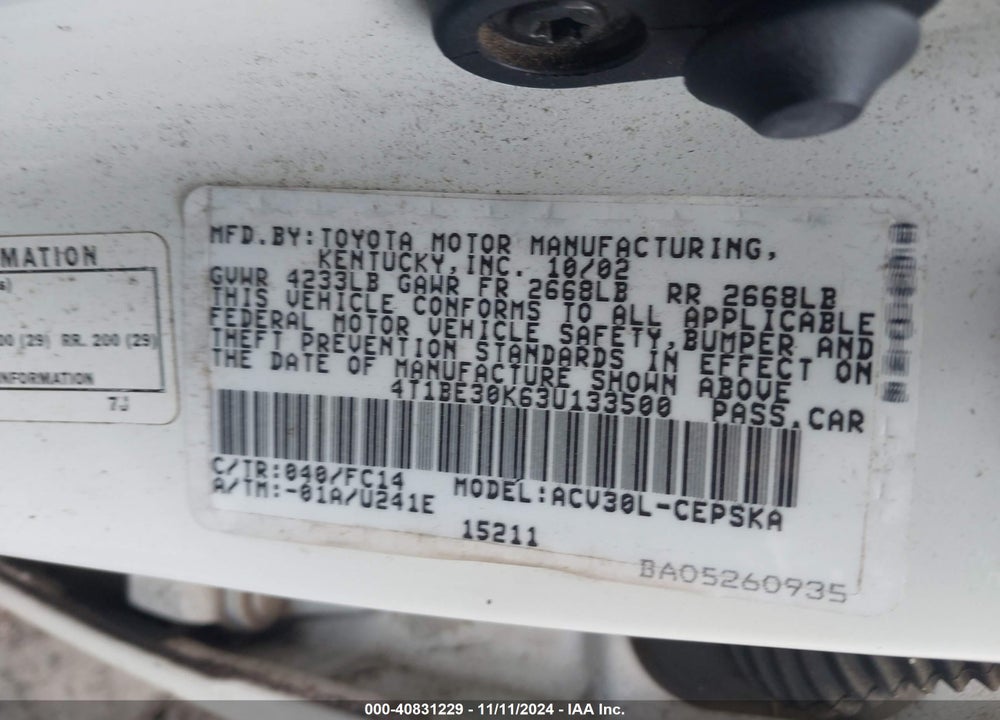 2003 TOYOTA CAMRY SE VIN: 4T1BE30K63U133500