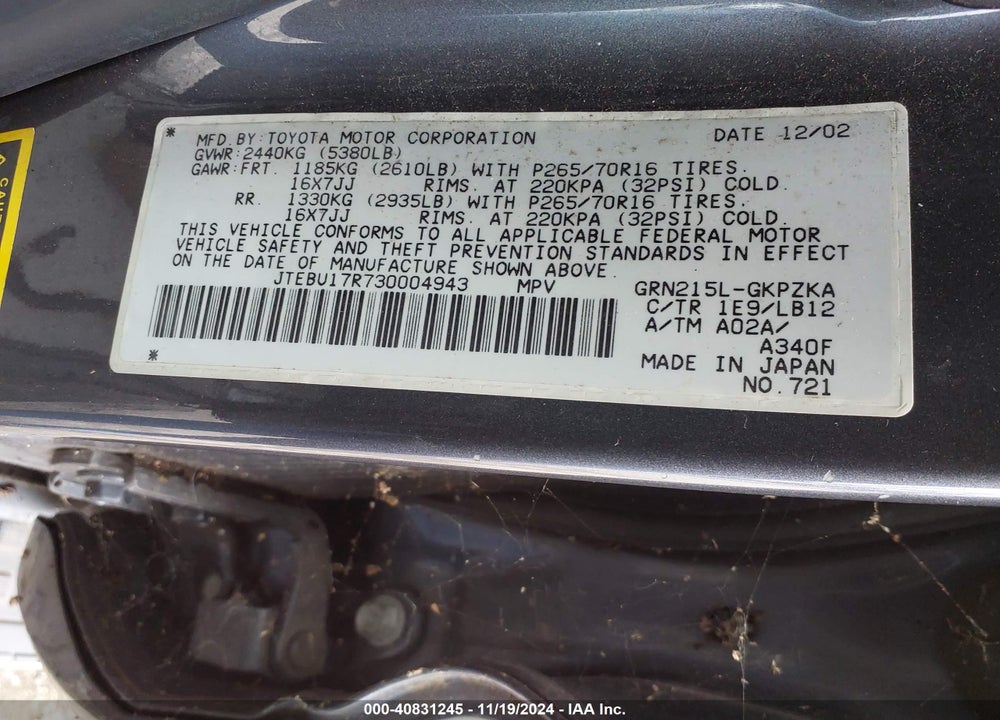 2003 TOYOTA 4RUNNER LIMITED V6 VIN: JTEBU17R730004943