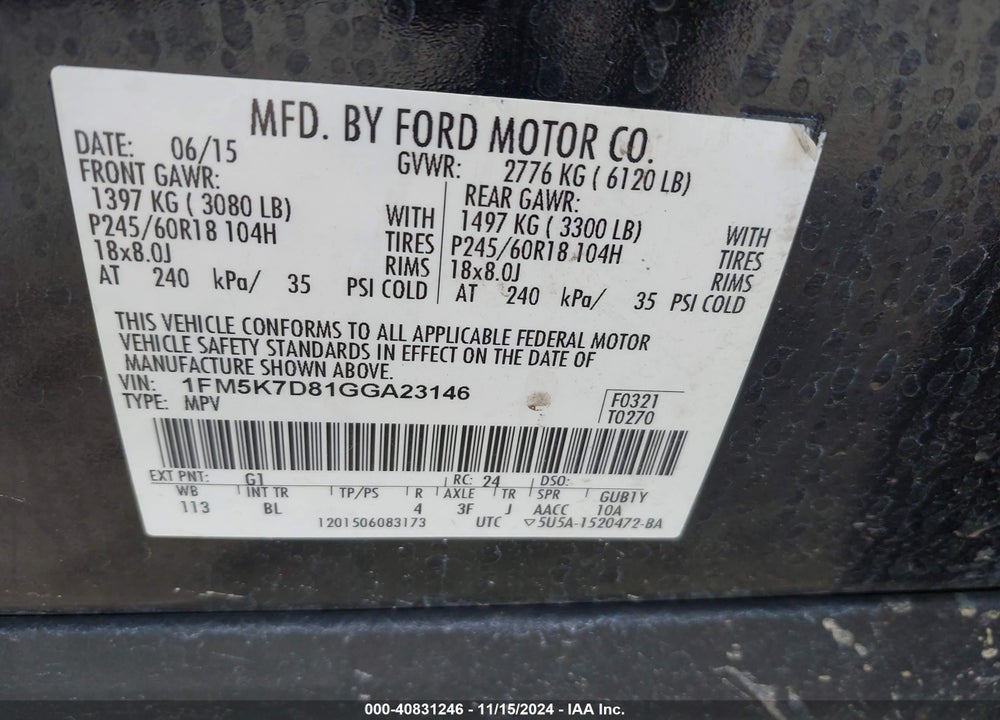 2016 FORD EXPLORER XLT VIN: 1FM5K7D81GGA23146