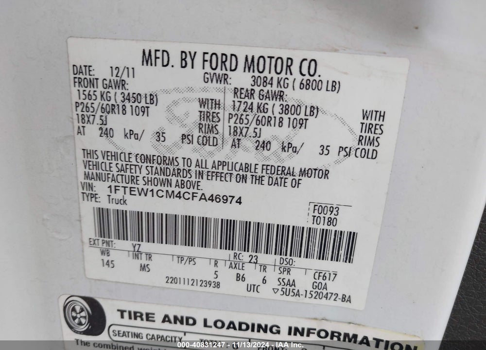 2012 FORD F-150 XLT VIN: 1FTEW1CM4CFA46974