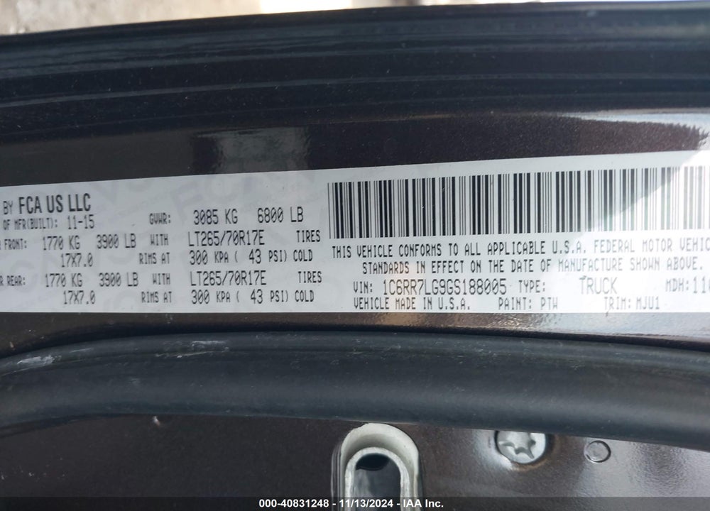 2016 RAM 1500 OUTDOORSMAN VIN: 1C6RR7LG9GS188005